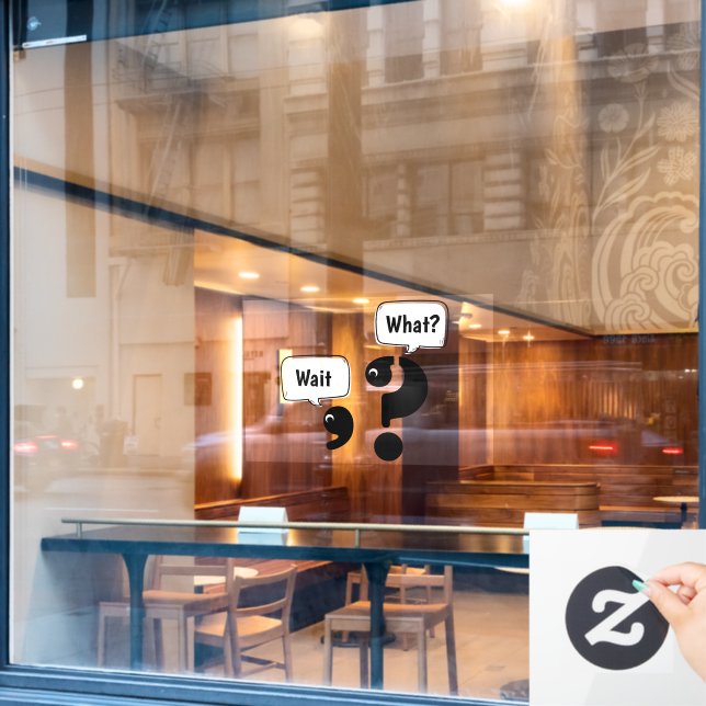 Fragezeichen und Komma warten Was? Fensteraufkleber (Café-Fenster)
