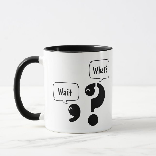 Fragezeichen und Komma warten Was? Tasse (Links)