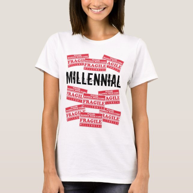 Fragile Millenniums-Labels, bitte mit Vorsicht umg T-Shirt (Vorderseite)