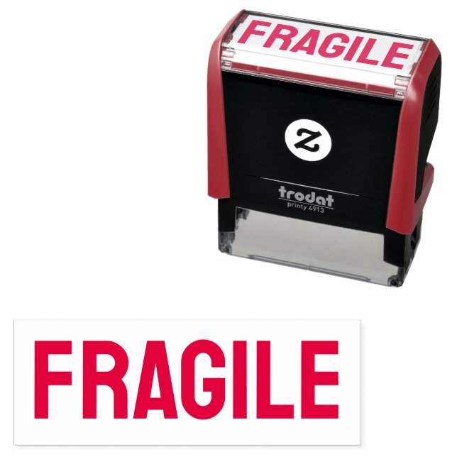 FRAGILE Rote, selbstfärbende Briefmarke aus Kautsc Permastempel (Beispiel)