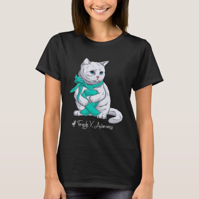 Fragile X Awareness Month Teal Ribbon Cat T-Shirt (Vorderseite)