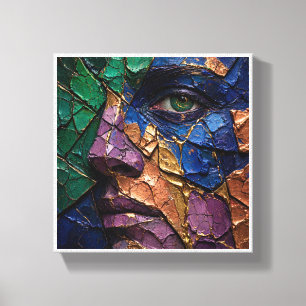 Fragmentiertes Impasto-Porträt mit grünem Auge und Leinwanddruck
