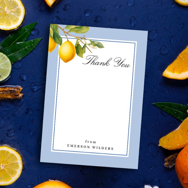 Fraîchement méditerranéen Citron bleu et Merci bla (Chic blue and white lemon theme flat thank you note stationery. Photo by Mohammad Metri on Unsplash)