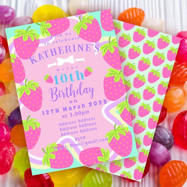 Fraise Anniversaire bleu rose carte d'invitation (Sweet Strawberry Birthday Invitation Card. )