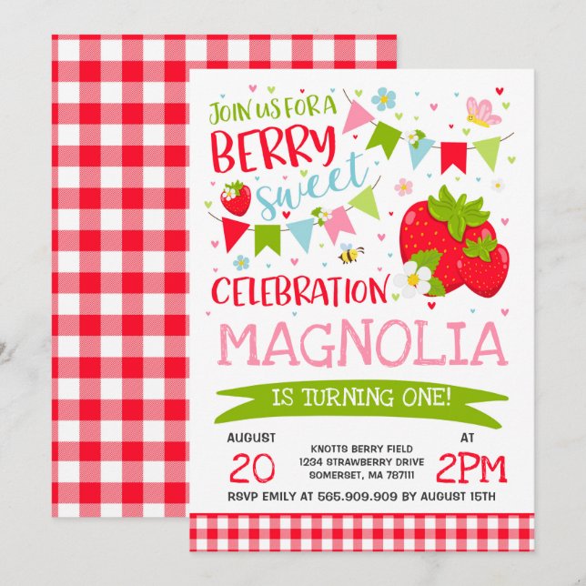 Fraise Anniversaire Invitation Berry Sweet Party (Devant / Derrière)