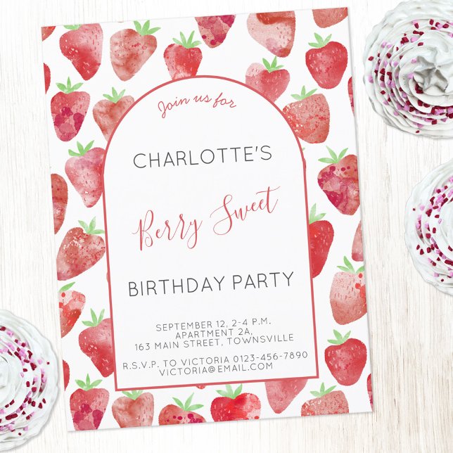 Fraise Aquarelle Anniversaire Fête Invitation (Strawberry watercolor Berry Sweet personalized birthday party invitation postcard)
