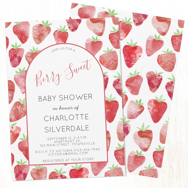 Fraise Berry Baby shower doux Invitation (Berry Sweet watercolor strawberry pattern custom text baby shower invitation)