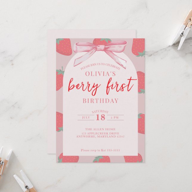 Fraise Berry Première Invitation fille anniversair (Devant/Arrière en situation)