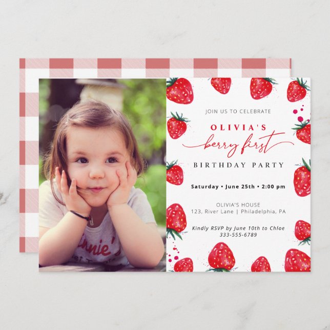 Fraise Premier anniversaire Invitation photo (Devant / Derrière)