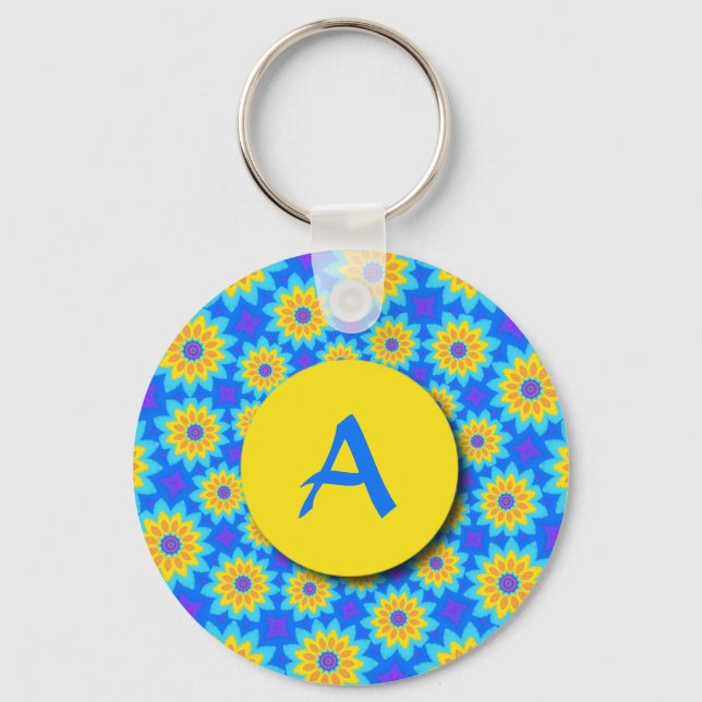 Fraktal Blue Patchwork Daisies Monogram Schlüssela Schlüsselanhänger (Vorderseite)