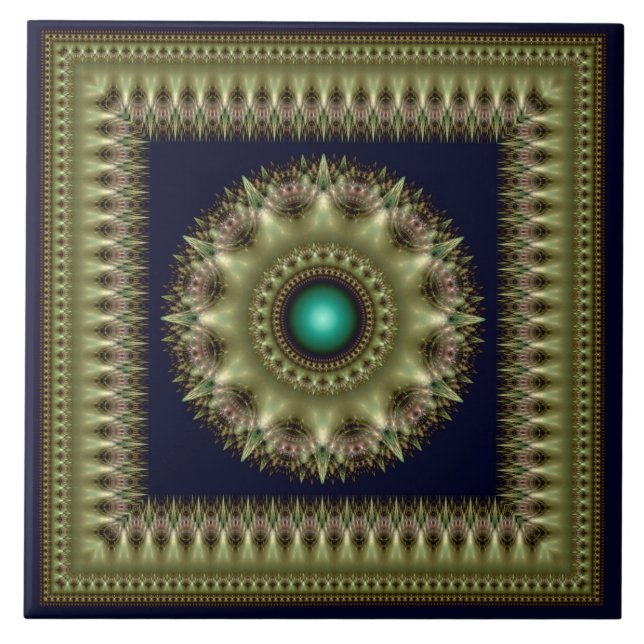 Fraktal grün brillant gerahmt Mandala Fliese (Vorderseite)