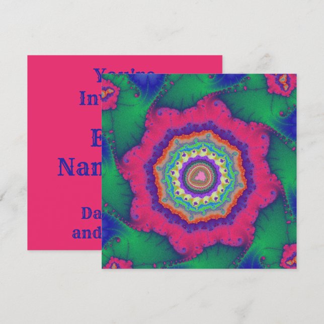 Fraktal Grün und Rosa Geburtstag Einladung (Vorne/Hinten)