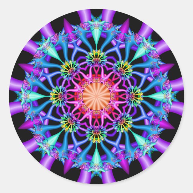 Fraktal Kaleidoskop Rainbow Florets Runder Aufkleber (Vorderseite)