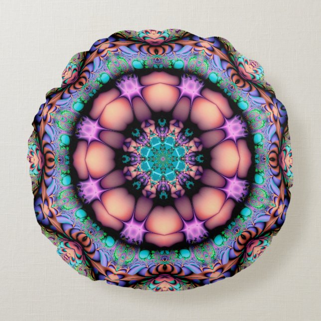 Fraktal Mandala floral Psychedelic Art Rundes Kissen (Vorderseite)