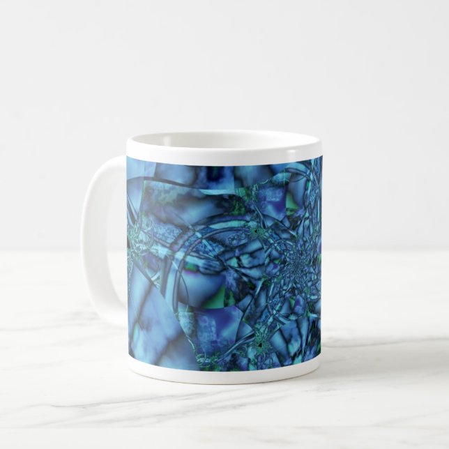 Fraktal mit Blau-Grau- und Grün-geometrischen Form Kaffeetasse (Vorderseite Links)