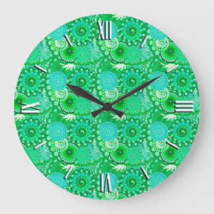 Fraktal mit wirbelnden Motiven, Jade, Türkis, Aqua Große Wanduhr