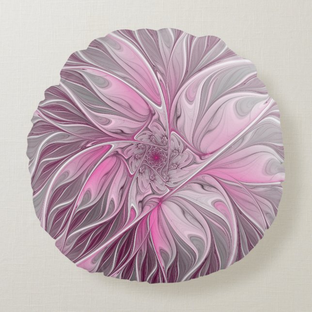 Fraktal Rosa Blume Traum, Blumenfantasy Muster Rundes Kissen (Vorderseite)