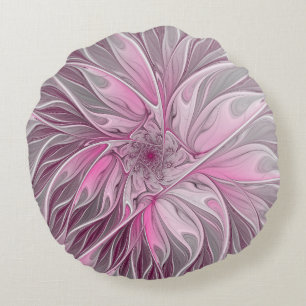 Fraktal Rosa Blume Traum, Blumenmuster Rundes Kissen