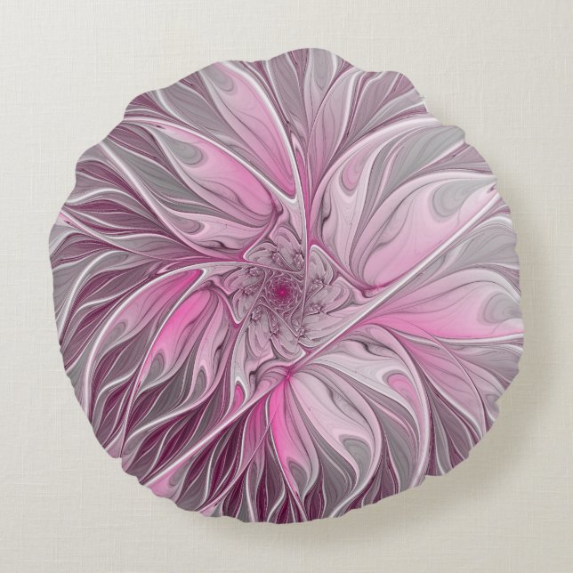 Fraktal Rosa Blume Traum, Blumenmuster Rundes Kissen (Rückseite)