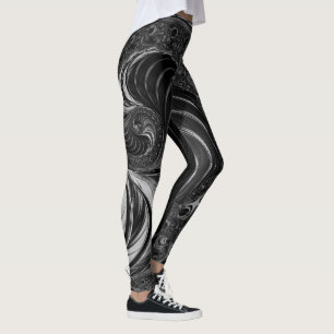 Fraktal Schwarz-weiß Metal Nautilus Swirl Leggings