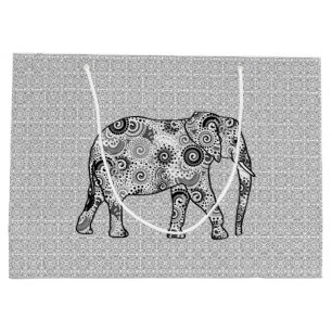 Fraktal Swirl Elephant, grau, schwarz und weiß Große Geschenktüte