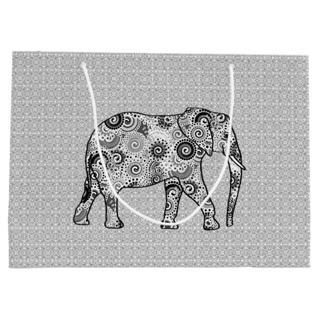 Fraktal Swirl Elephant, grau, schwarz und weiß Große Geschenktüte (Rückseite)