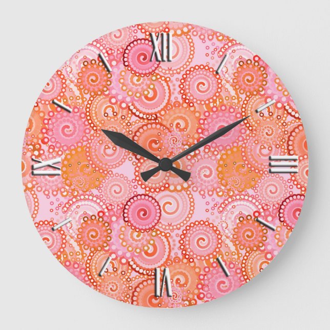 Fraktal wirbelnd, koral und rosa große wanduhr (Vorderseite)