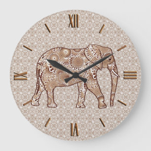Fraktal wirbelnder Elefant - braun und taupe Große Wanduhr