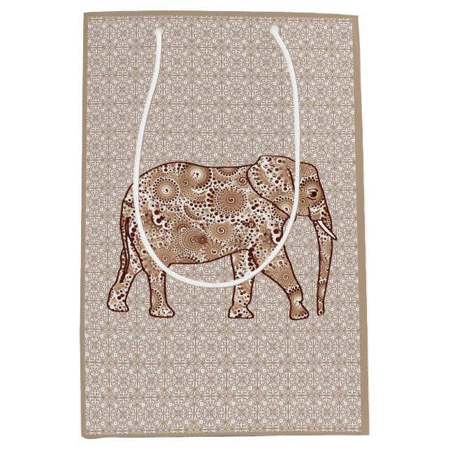 Fraktal wirbelnder Elefant - braun und taupe Mittlere Geschenktüte (Vorderseite)