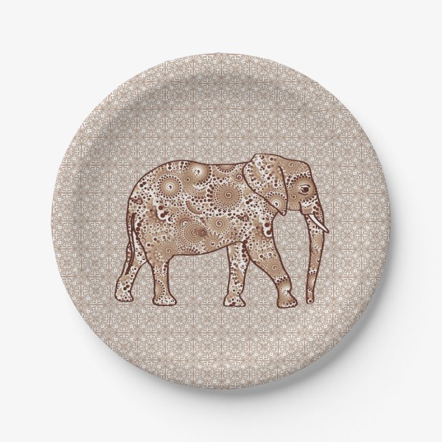 Fraktal wirbelnder Elefant - braun und taupe Pappteller (Vorderseite)