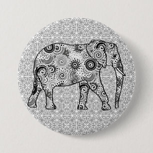 Fraktal wirbelnder Elefant - grau, schwarz und wei Button