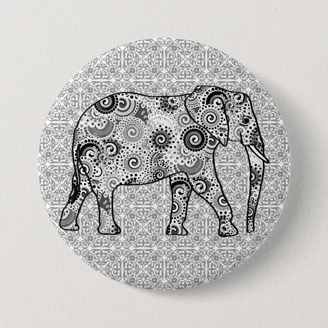 Fraktal wirbelnder Elefant - grau, schwarz und wei Button (Vorderseite)