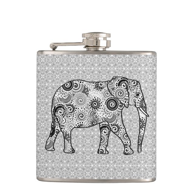 Fraktal wirbelnder Elefant - grau, schwarz und wei Flachmann (Vorderseite)