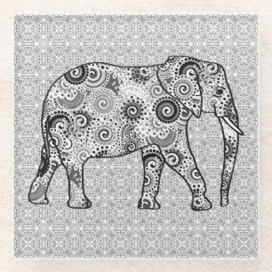 Fraktal wirbelnder Elefant - grau, schwarz und wei Glasuntersetzer