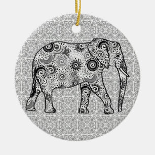 Fraktal wirbelnder Elefant - grau, schwarz und wei Keramik Ornament