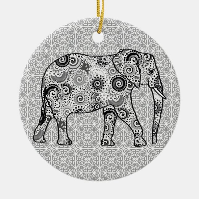 Fraktal wirbelnder Elefant - grau, schwarz und wei Keramik Ornament (Vorne)