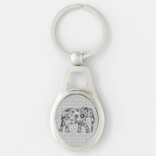 Fraktal wirbelnder Elefant - grau, schwarz und wei Schlüsselanhänger