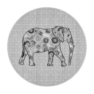 Fraktal wirbelnder Elefant - grau, schwarz und wei Schneidebrett