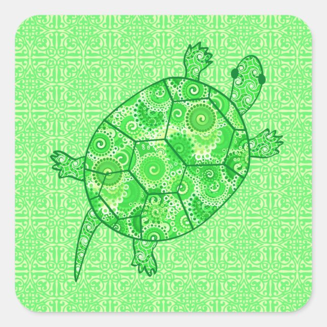 Fraktal-wirbelschildkröte - Limon und smaragdgrün Quadratischer Aufkleber (Vorderseite)