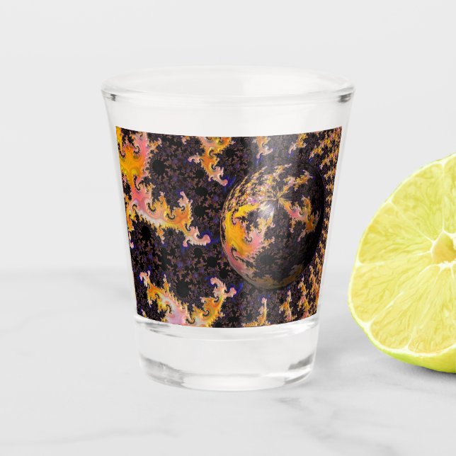 Fraktale Feuersbrunst-Kugel Schnapsglas (Vorderseite)
