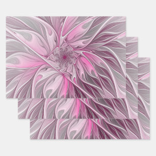 Fraktale pinke Blumen Traum, florales Fantasy-Must Geschenkpapier Set