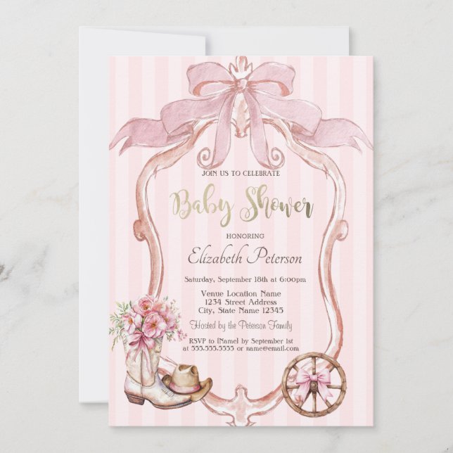Frame Bow Cowgirl Wester Striped Baby Shower  Einladung (Vorderseite)