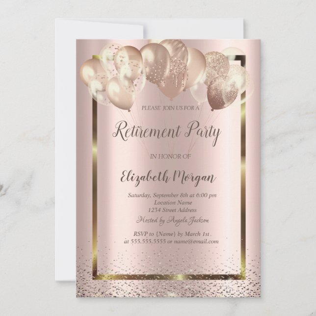 Frame Confetti Balloons Rose Gold Rentierung Einladung (Vorderseite)