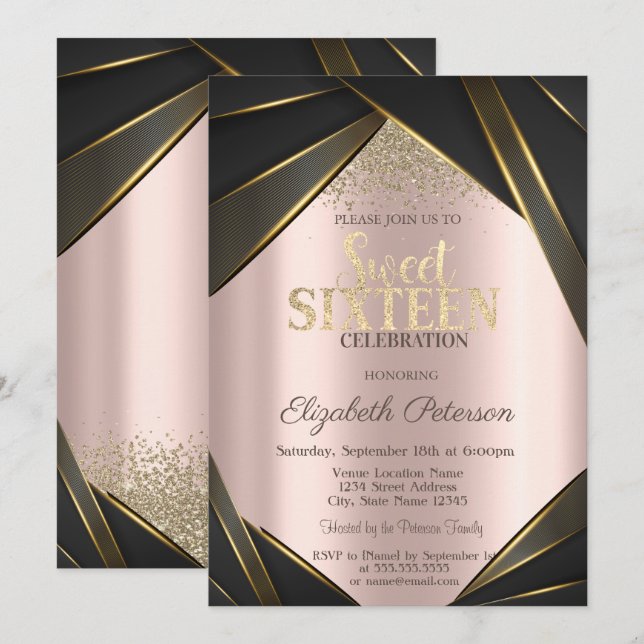 Frame Gold Diamonds Rose Gold Sweet 16 Einladung (Vorne/Hinten)