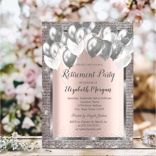 Frame Sequins Balloons Rose Gold Rentirement Einladung (Von Creator hochgeladen)