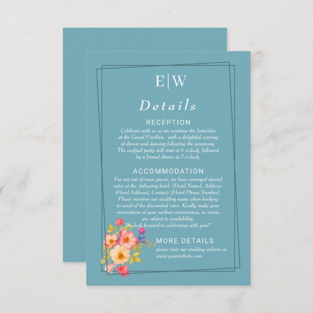  Frame with Roses, Wedding style on retro blue Begleitkarte (Vorne/Hinten)