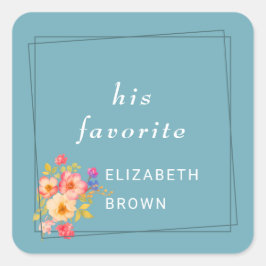  Frame with Roses, Wedding style on retro blue Quadratischer Aufkleber