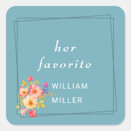  Frame with Roses, Wedding style on retro blue Quadratischer Aufkleber