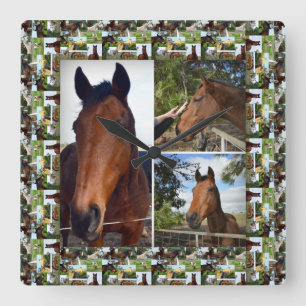 Framed Brown Horses In A Photo Collage, Quadratische Wanduhr