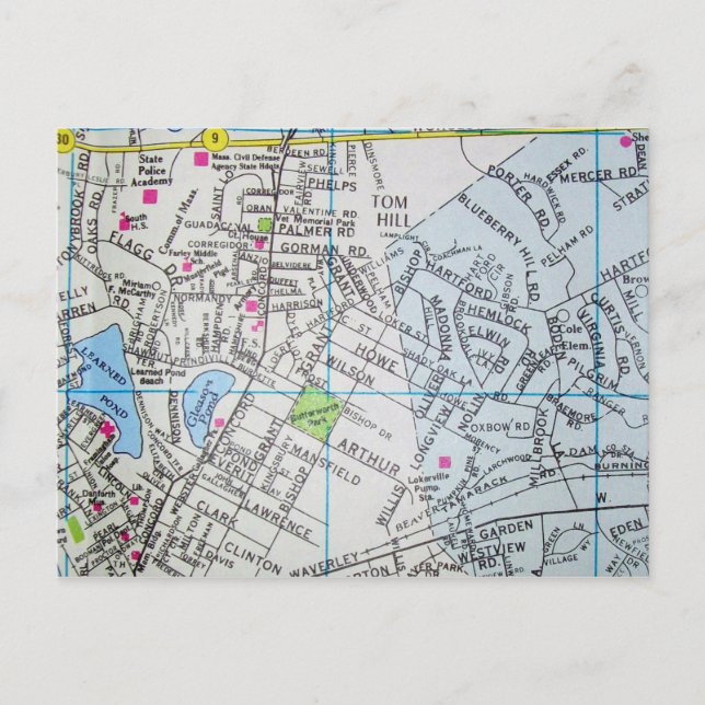 Framingham, MA Vintag Map Postkarte (Vorderseite)